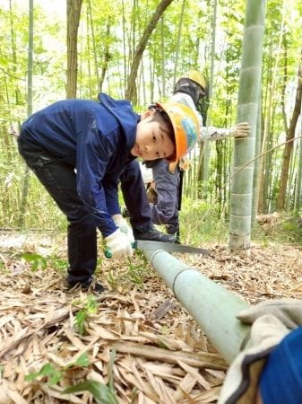 竹を担いで傾斜を降りる様子