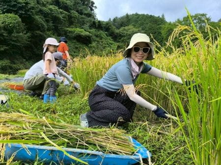 稲刈り中ににっこりポーズ