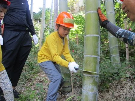 慎重に竹を切る少年