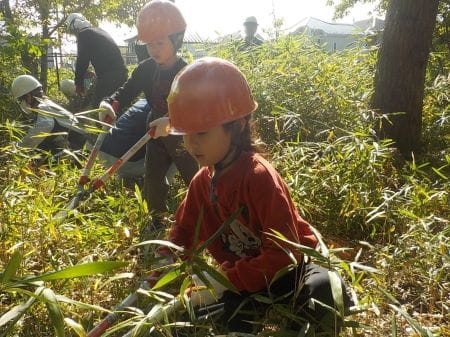 腰の高さ以上の草を刈るこども