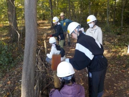 声を掛け合いながら杭打ちをする様子