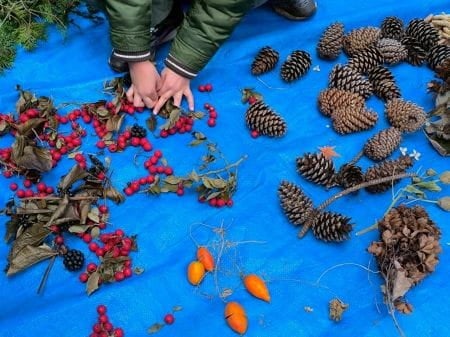 リースのパーツとなるたくさんの木の実や葉っぱ