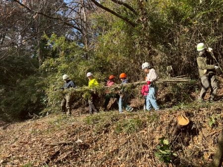 協力して笹を運ぶ様子